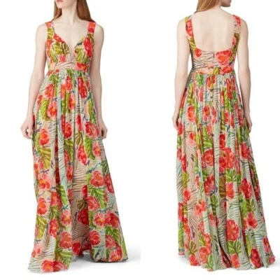 Maxi Vestido Largo Badgley Mischka Verde y Coral Floral Gasa Talla 2 Foto 1 de 4