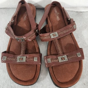 Minnetonka Women's Brown Leather Slingback Two Strap Coin Braided Sandals Size 9 - Picture 1 of 11
