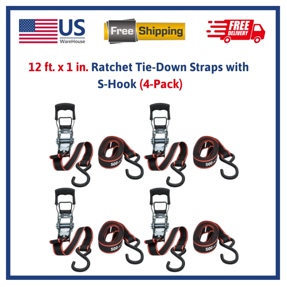 Husky |FH0829| 12 ft. in. Ratchet Tie-Down Straps with S-Hook (4-Pack)