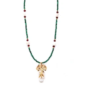 925 Silver Handmade White Pearl, Ruby, Malachite & Rhodolite Necklace 17.5 In. - Picture 1 of 5
