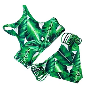 Cupshe grün tropisch Palmblatt Print hochgeschlossen Tank frech Bikini Bademode Gr. L - Bild 1 von 9