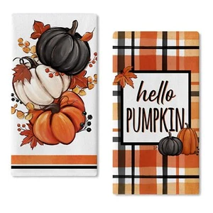 Fall Hello Pumpkin Kitchen Dish Towels Set of 2 Autumn Orange Plaid Check Han... - Picture 1 of 7