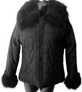 White Moon Jacket Women S/M Black Quilted Fleece Lined Zip Faux Fur Collar Cuffs - Picture 1 of 7