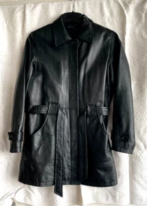 Womens Soft Black Leather Button Down Belted Jacket Car Coat Quilted Liner NICE - Picture 1 of 8