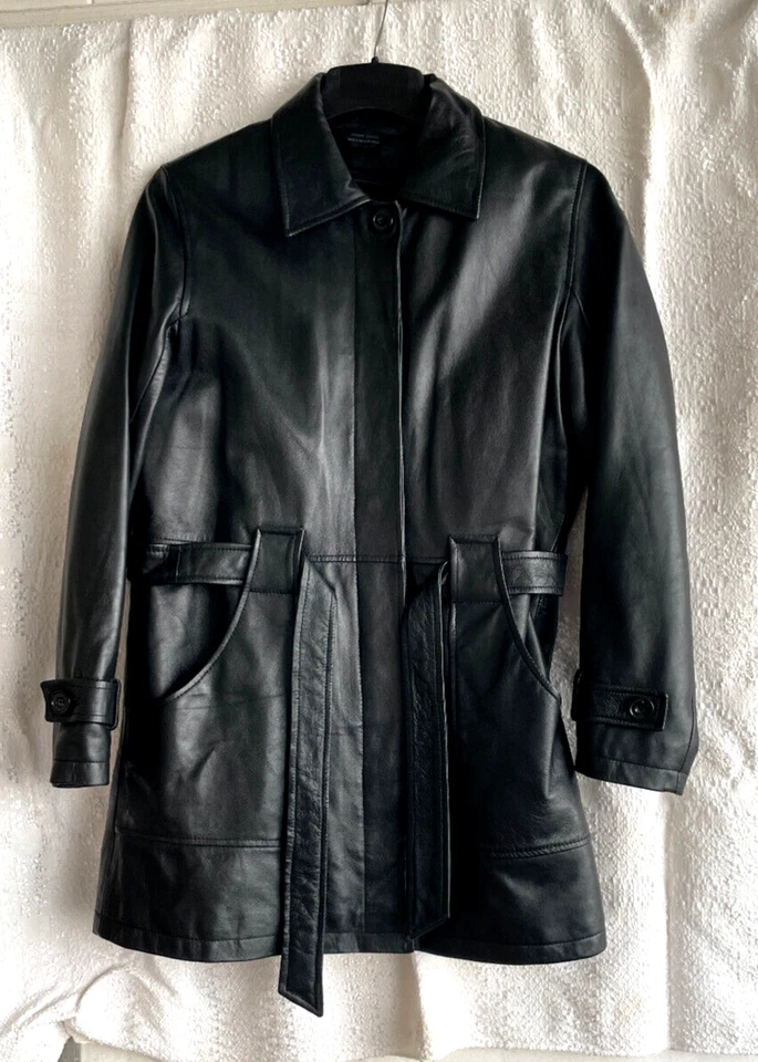 Womens Soft Black Leather Button Down Belted Jacket Car Coat Quilted Liner NICE - Image 1 of 4
