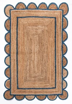 Handmade Braided Natural Pure Jute with Blue Design Scalloped Rug - Image 1 of 4
