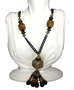VTG Statement Necklace Brass Black & Butterscotch Beads Black Chain 21”Long - Picture 1 of 8
