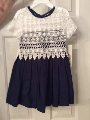 NWT GIRLS NAVY BLUE AND WHITE LACE “COUNTING DAISIES” DRESS SZ 4 - Image 1 of 4