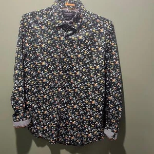 Men’s Small Denim & Flower Print Edition Long Sleeve Trendy Black Orange White - Picture 1 of 14