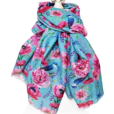 Шарф продолговатый полиэстер садовый с цветочным принтом Bluebird & Dragonfly цвет морской волны синий розовый - Изображение 1 из 4