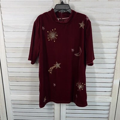Boden Girls Tunic Top 13 -14  Maroon Red Velvet Gold Sequin Stars Moon Mock Neck - Image 1 of 4