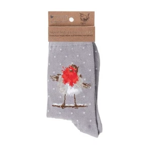Soft Jolly Robin Grey Christmas Bamboo Socks – Wrendale Antibacterial One Size - Picture 1 of 2
