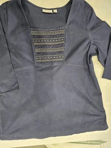 D & C, Denim & Co. Womens Blouse Boho, Gathered Front With Decor Stitching Sz XL - Picture 1 of 13