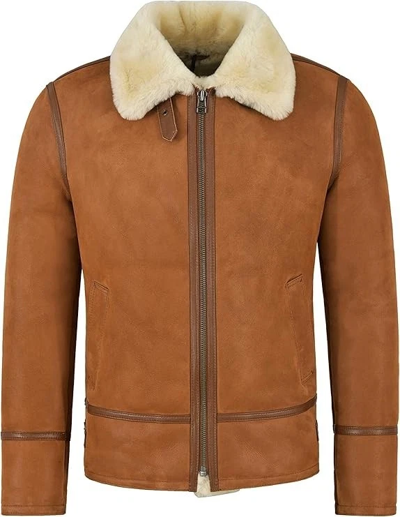 Men's B3 Shearling Sheepskin Jacket Tan Whisky Beige Fur Bomber Pilot RAF HARBIN — 第 1/4 张图片