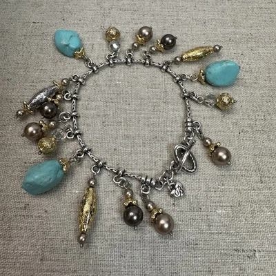 BRIGHTON Signed Persiana Charm Bracelet Turquoise Stone Gold Silver - Image 1 of 4