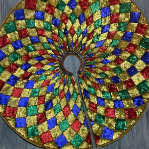 Vtg Sequined 47" Round Christmas Tree Skirt India Colorful Argyle Pattern Heavy  - Picture 1 of 19