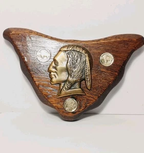 Vintage Brass Native American Indian Head & 3 Buffalo Nickel Coins - Wood Plaque - Picture 1 of 16