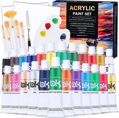 AOTTOM 33 Stück Leinwand Acrylfarben Set, 24 *Tube Acrylfarben Mit 5 *Pinselset +2*Lein