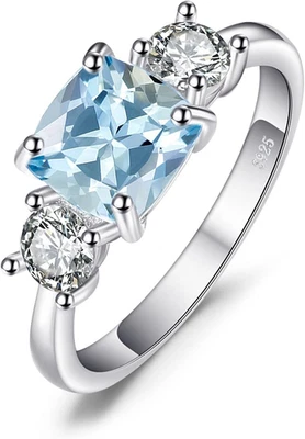 Anello a Tre Pietre Donna Argento 925 Con Naturale Topazio Blu, Anelli Dorati Do - Immagine 1 di 4