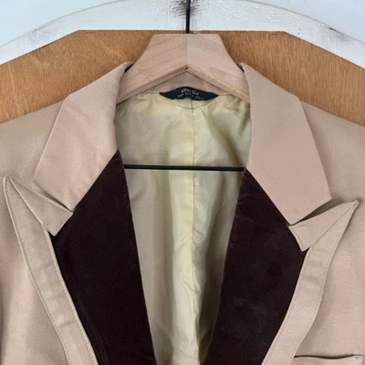 复古燕尾服夹克男式 39S 棕褐色 1 按钮宽峰 70 年代涤纶六后 — 第 1/4 张图片