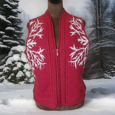 Chaleco de lana vintage Coldwater Creek Navidad copo de nieve rojo vacaciones tejido con cremallera Foto 1 de 4