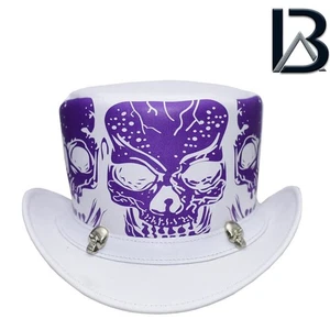 Herren Leder Zylinder Hut Lila Totenkopf Gothic Steampunk Biker Rock Kostüm Hut - Bild 1 von 3
