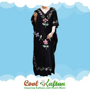 GARDEN Black Hand Painted Embroidered Kaftan Dress Ladies Womens Long Made XXXL - Picture 1 of 4