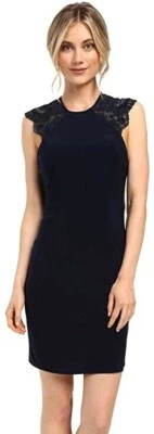 Faviana 243228 Womens Jersey w/Lace Details Sleeveless Sheath Dress Navy Size 12 - Image 1 of 4