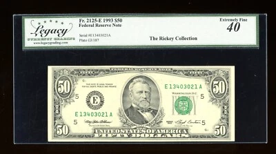 DBR 1993 $50 FRN Richmond Fr. 2125-E Legacy XF-40 Serial E13403021A - Image 1 of 2