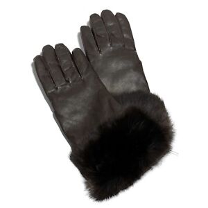 Vintage Dark Brown Leather Genuine Fur Trim Cashmere Lined Gloves Womens 7 NEW