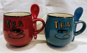 LEONARDO COLLECTION CERAMIC TEA MUG & CERAMIC SPOON SET RED & BLUE 🫖VVGC🫖 - Picture 1 of 14
