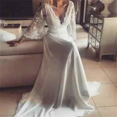 Bohemian Wedding Dress Bridal Gown Long Sleeve  Deep V Neck Lace Chiffon Bridal - Image 1 of 4