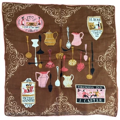 Vintage Pat Prichard Signed Handkerchief Hankie Colonial Inns Utensils Brown 50s - Image 1 of 3