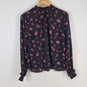 H&M womens blouse top size 6 black floral long sleeve high neck 075214 - Picture 1 of 9