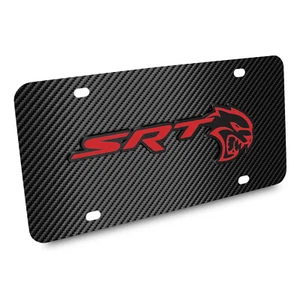 Dodge SRT Hellcat in Red 3D Logo Black Carbon Fiber Patten Steel License Plate - Picture 1 of 5