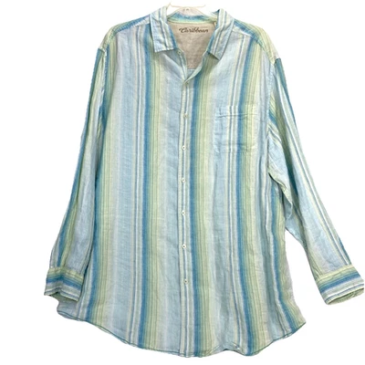 Camisa de lino caribeña para hombre talla 3XT azul y verde a rayas manga larga abotonada Foto 1 de 4