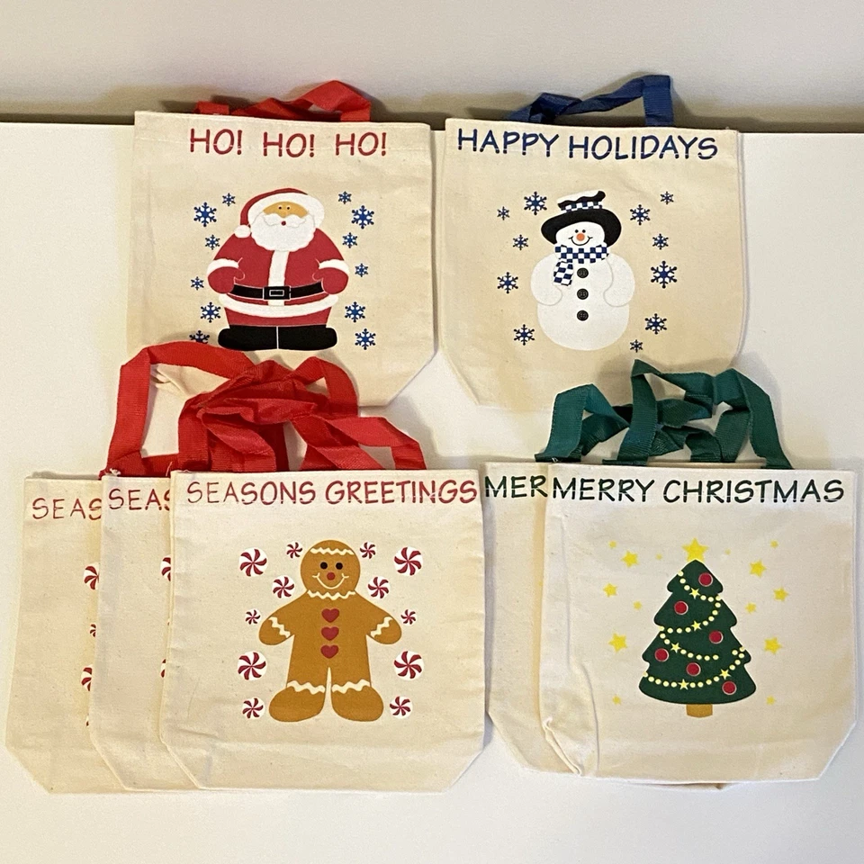 Лот из 7 Рождественский праздник холст сумка с короткими ручками Санта снеговик дерево пряничный человек - Изображение 1 из 1