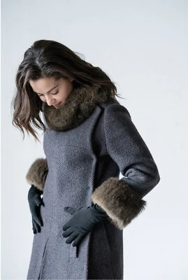 Rabbit Fur Trimmed Gray Blue Wool Coat - Image 1 of 4