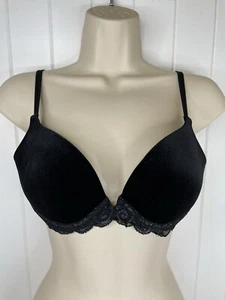 NEW Victoria’s Secret Black Velvet Push-Up Bra 36B Top Velour Lace Padded - Picture 1 of 7