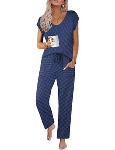 Womens Pajama Sets Short Sleeve Sleepwear Tops and Long Pants V Neck Pjs 2 Pi... - Picture 1 of 6