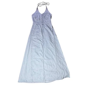 Boho Denim Dress Halter Maxi Light Wash Sleeveless Women's Sz 2 Cottage Core - Picture 1 of 6