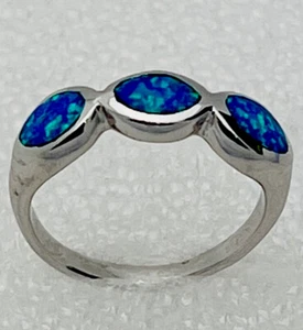 Sterling Silver 925 Lab Created Blue Fire Opal Ring Size 7 - Picture 1 of 4