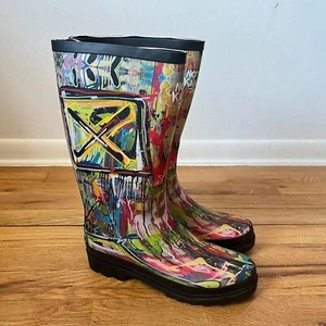 Damen-Regenstiefel Street-Art-Druck Neuheit mehrfarbig halbhoch Gummi neu 7 - Bild 1 von 8
