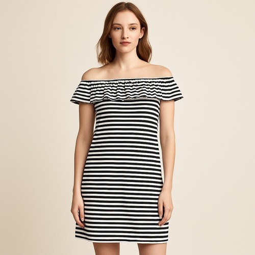 Abito donna Kate Spade Broome Street con volant topline nero bianco taglia L H317