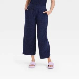 Women's A New Day High-Rise French Terry Wide Leg Ankle Pull-On Pants Navy Large - Picture 1 of 3