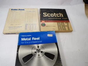 Lote de 3 carretes de cinta magnética de 1/4" de ancho carretes de 7 pulgadas con caja Scotch Radio Shack - Imagen 1 de 4