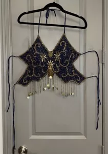 Top farfalla ballerina del ventre blu scuro con sequenza oro e perline, reggiseno imbottito - Foto 1 di 16