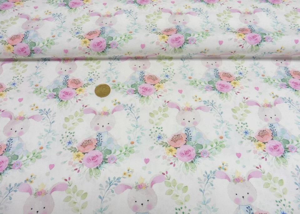 Girls Thing Rabbit Hilco ecru Baumwolle Webware Popeline mit Häschen und Blumen  - Bild 1 von 1