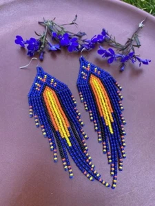 Tribal Earrings Native Large Boho American Seed Beads Handmade Earring - Picture 1 of 3