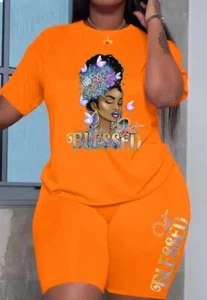Orange Fashion Casual Print Patchwork O Neck Short Sleeve Plus Size Two Pieces - Picture 1 of 1